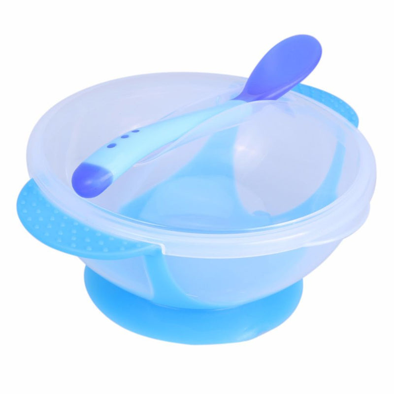 Baby Infants Sucker Bowl with Cover Temperature Sensing Spoon Set Newborn Toddler PP Training Bowls