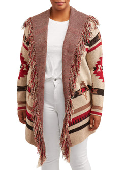 Absolutely Famous Women's Plus Size Jacquard Open-Front Cardigan with Fringe Trim