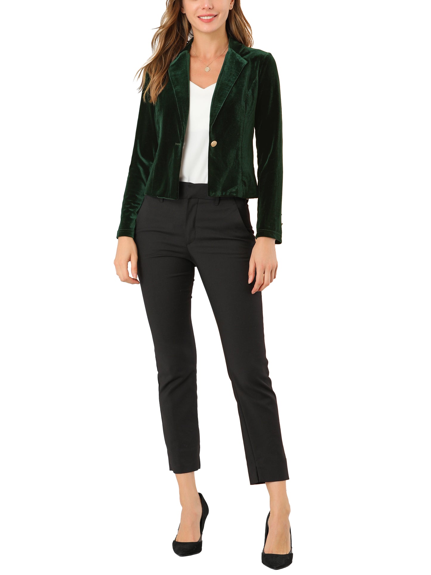 Unique Bargains Women's Button Front Velvet Blazer Lapel Work Office Crop Suit Jacket