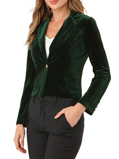 Unique Bargains Women's Button Front Velvet Blazer Lapel Work Office Crop Suit Jacket