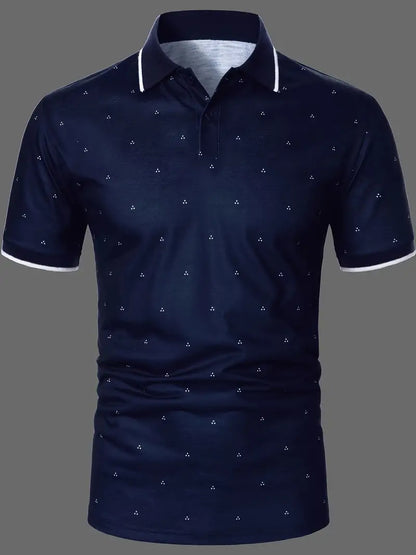 Men's Polo Shirts, Casual Navy Blue Slim Fit Lapel Button Up Polo Shirt