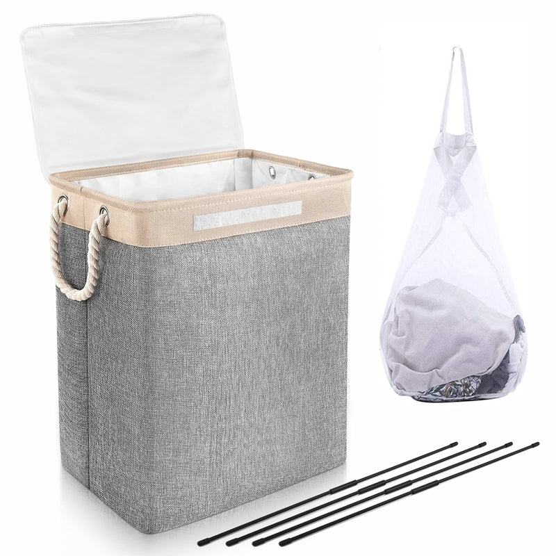 Laundry Basket with Lid, JUEMEL 75 Litre Collapsible Large Linen Washing Hamper with Built-in Lining, Storage Organiser with Handles and Removable Bags for Clothes and Toys, Gray