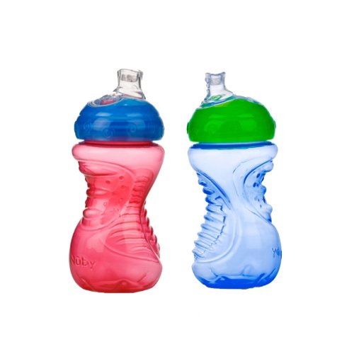 Nuby 2-Pack No-Spill Super Spout Easy Grip Cup, 10 Ounce, 6 Months +, Red and Blue