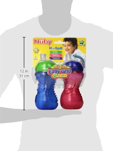 Nuby 2-Pack No-Spill Super Spout Easy Grip Cup, 10 Ounce, 6 Months +, Red and Blue