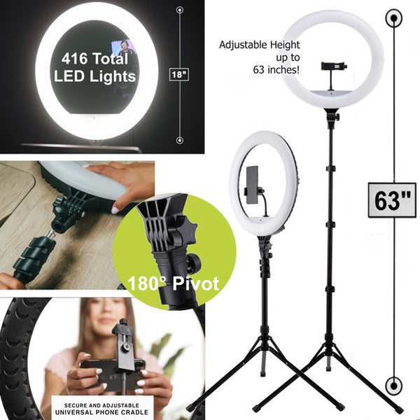 Vivitar 18-Inch LED Ring Light, Adjustable 63-Inch Tripod Stand, with Phone Stand and Wireless Remote for Selfies