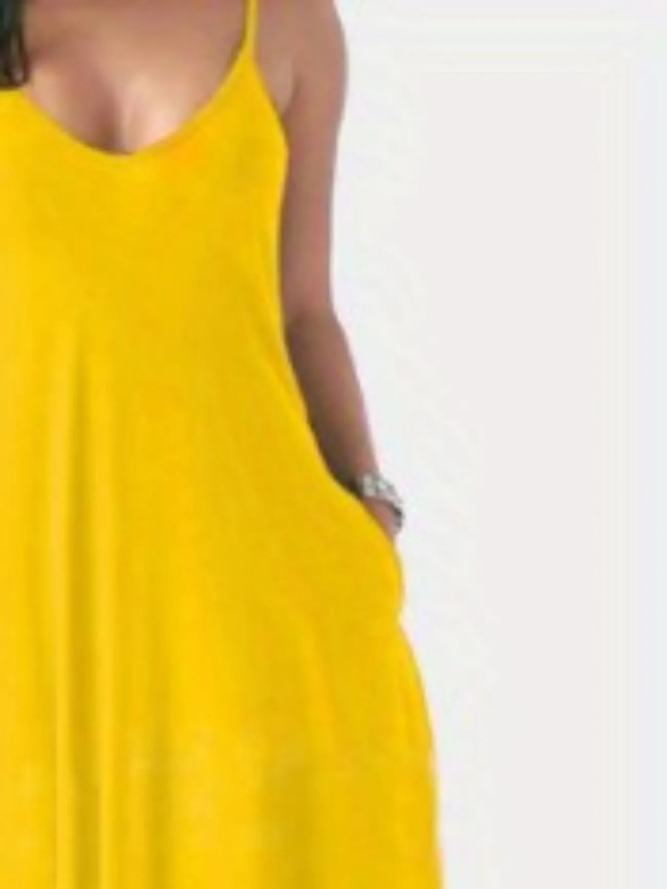 Women's Plus Plain Deep V Neck Medium Stretch Cami Maxi Dress With Pockets