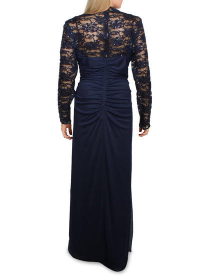 Xscape Womens Lace Sheer Sleeves Evening Dress Navy 6