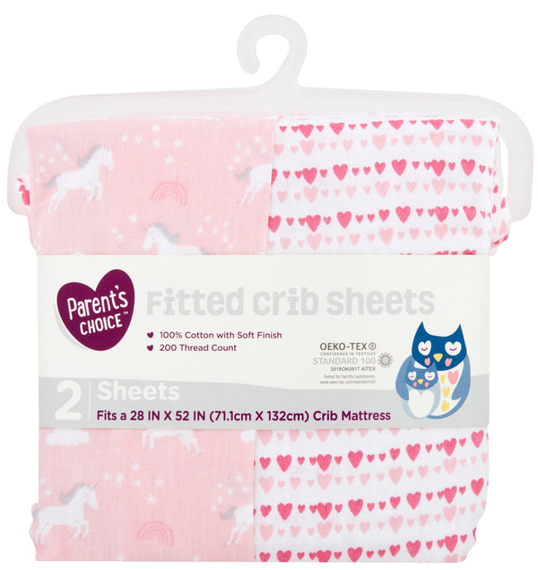 Parent's Choice 100% Cotton Fitted Crib Sheets, Unicorn, Pink, 2-Pack