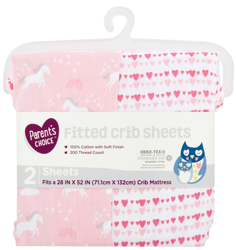 Parent's Choice 100% Cotton Fitted Crib Sheets, Unicorn, Pink, 2-Pack