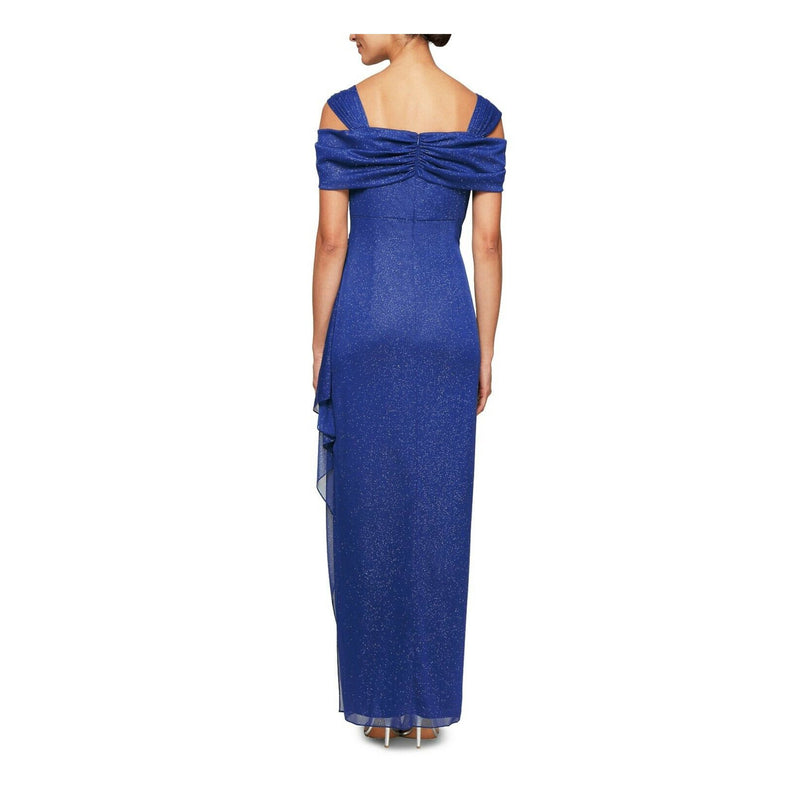 ALEX EVENINGS Womens Blue Cold Shoulder Draped Metallic Gown Scoop Neck Full-Length Evening Dress 16