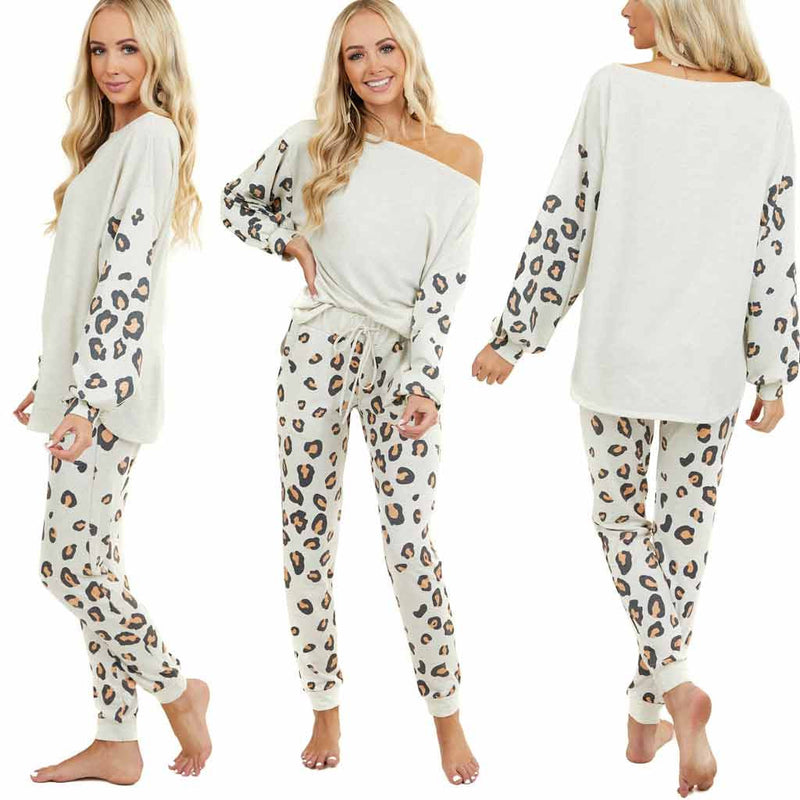 Nightwear Sleepwear 2Pcs Women Tracksuit Leopard Print Pants Sets Leisure Wear Lounge Wear Suit for Women
