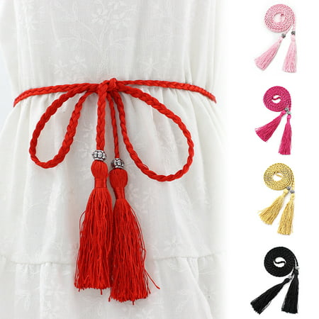 SPRING PARK 1PC Women Braided Tassel Belt Woven Knot Decor Waist Rope Self Tie Waistband