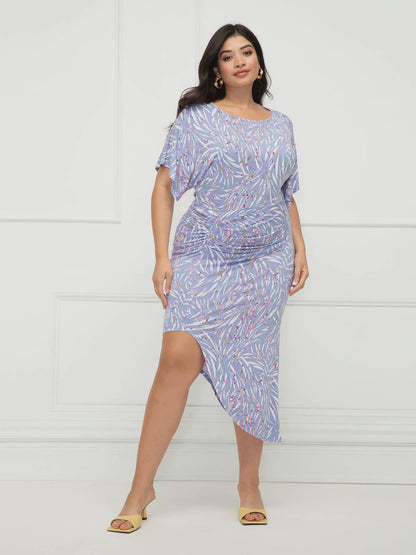 ELOQUII Elements Women's Plus Size Dolman Sleeve Ruched Zebra Print Dress