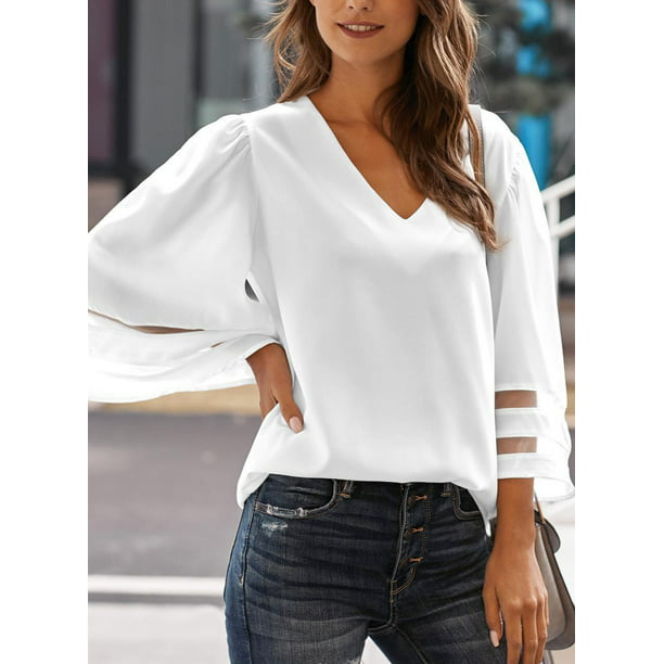 Sidefeel Women's Loose Lightweight White Blouse Shirts 3/4 Bell Sleeve V Neck Pullover Tops M 8-10