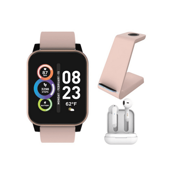 iTECH Fusion 2 Smartwatch with Bluetooth Wireless Earbuds Plus 3 in 1 Charging Station, Blush