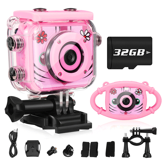 Waterproof Kids Camera with 32GB Memory Card Kids Digital Camera DV Kids Camcorder for Girl and Boys, High Resolution Kids Video Sports Mini Camera, 1080P HD Camera for Kids Birthday Gift Compatible