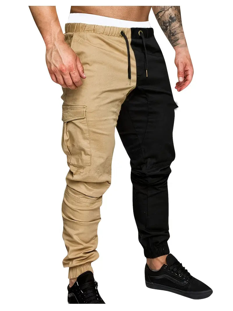 Men's Cargo Pants, Stylish Color Block Drawstring Jogger Pants
