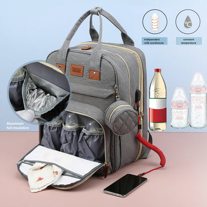 Diaper Bag Backpack, Maternity Baby Nappy Changing Bag with Changing Pad, Foldable Mommy Bag with 2 Compartments & 12 Storage Pockets, Aluminum Insulation, Usb Charging Port, Bed Net