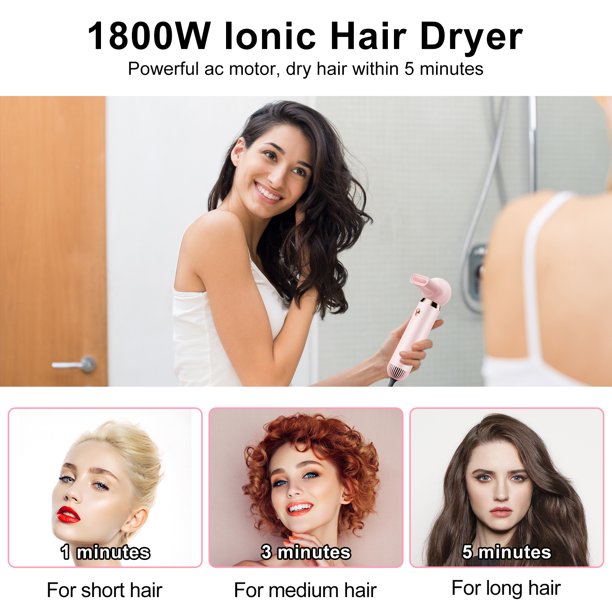 QVOX Ionic Hair Dryer, 1800W Professional Hair Dryer, Dual Ionic Technology Ions Hair Blow Dryer with 3 Intelligent Heating Modes, Fast Drying Without Damaging HairPink