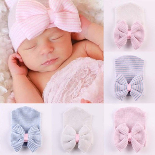 Newborn Baby Girl Infant Colorful Striped Bow Cap Hospital Warm Soft