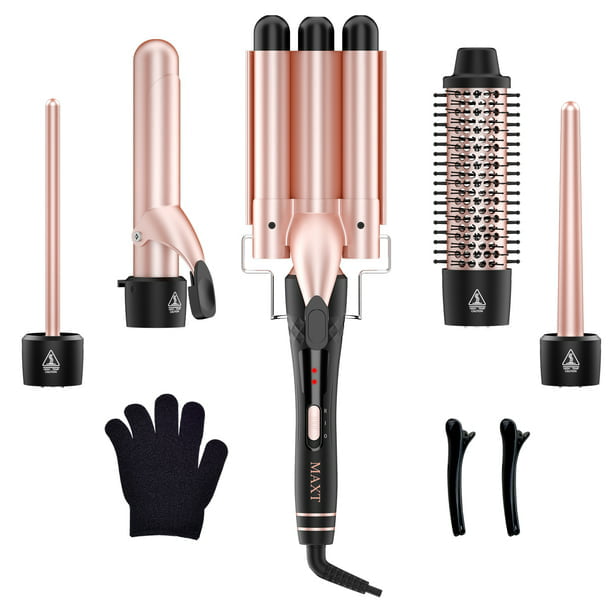 Curling Iron Set, MAXT 5 in 1 Curling Wand Set Interchangeable Triple Barrel Curling Iron and Curling Brush Ceramic Barrel Wand Curling Iron(0.35-1.25)