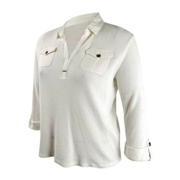 TOMMY HILFIGER Womens Ivory Long Sleeve Collared Sweater Size: XL