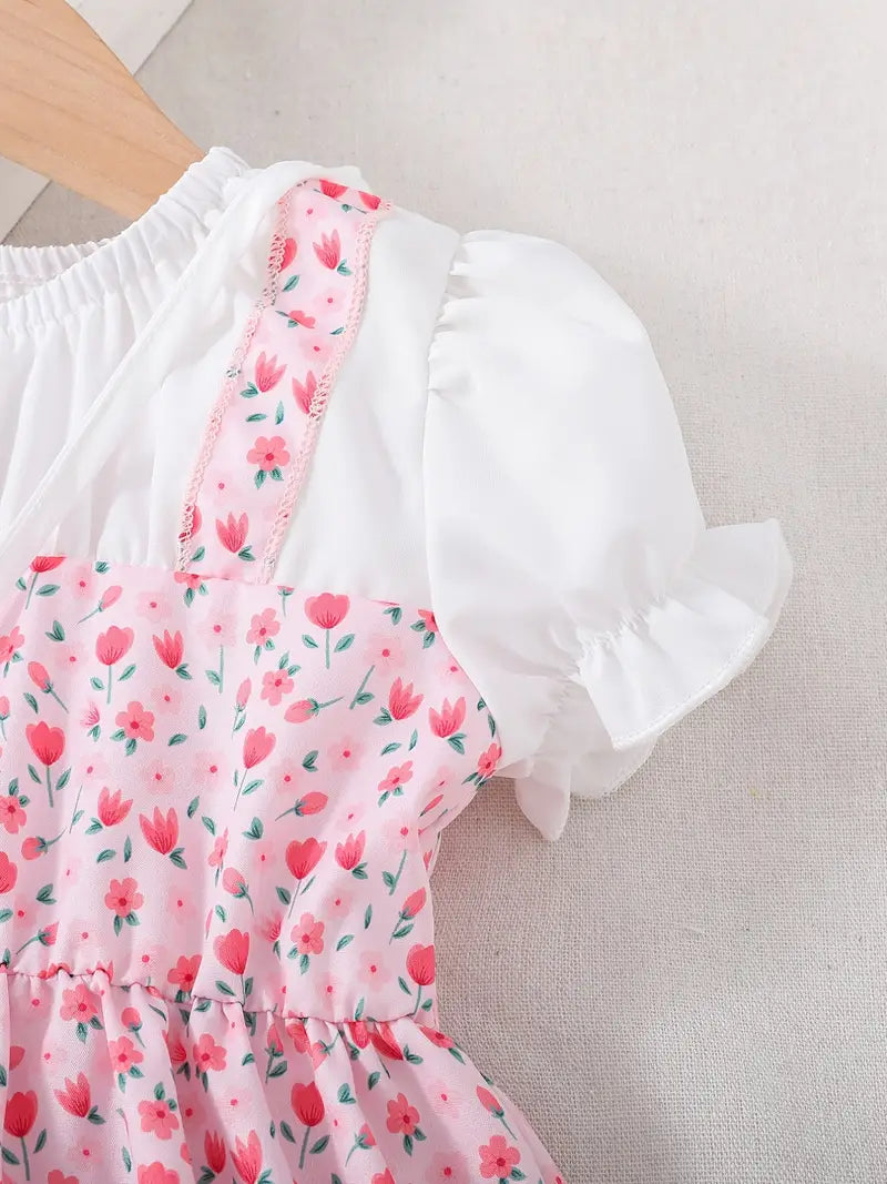 Girls Short Bubble Sleeve Patchwork Floral Dress With Heart Ruffles Bag Kids Summer Clothes