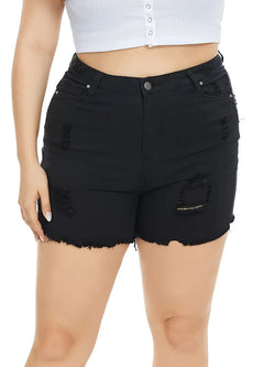 Plus Size Solid Ripped High Rise Straight Denim Shorts, Women's Plus Casual Non Stretch Jean Shorts