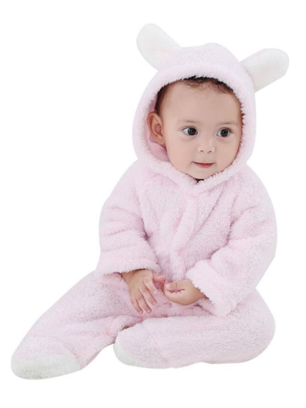Esho Newborn Baby Boys Girls Fleece Hooded Romper Jumpsuit Infant Winter Warm Bodysuit Outfits Clothes