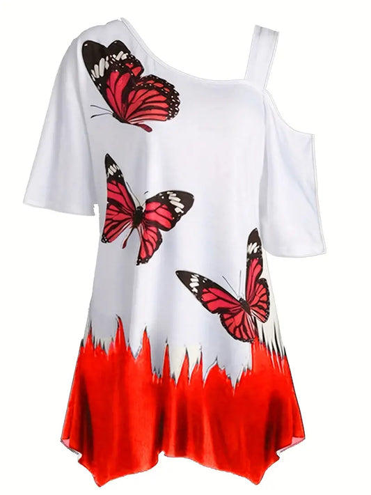 Butterfly Print Cold Shoulder T-Shirt, Casual Short Sleeve T-Shirt For Spring & Summer