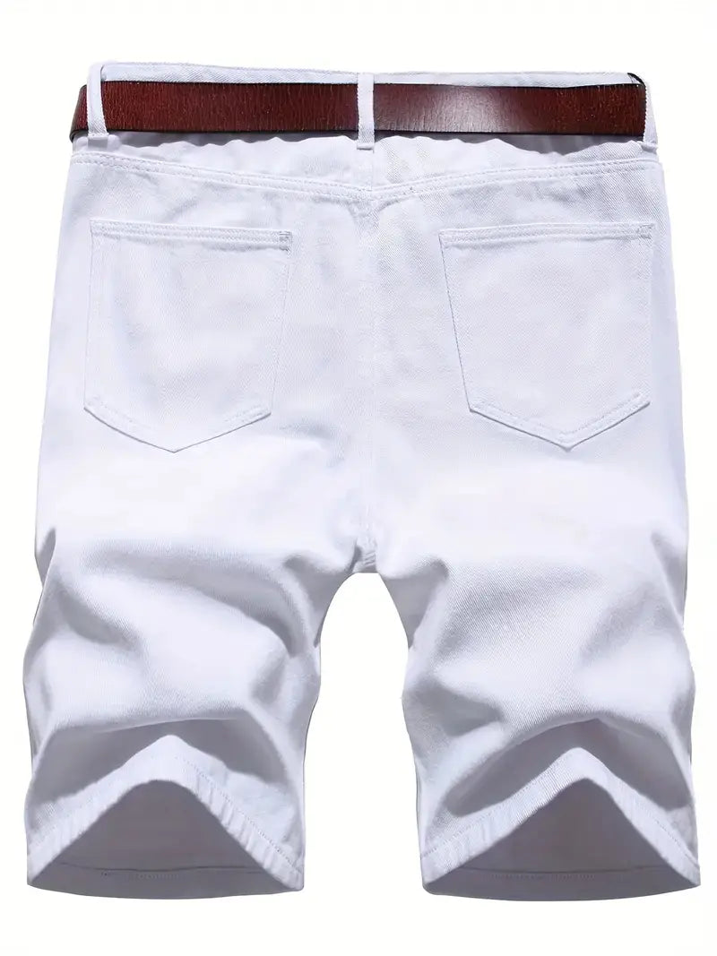 Casual Ripped Design Plain White Slim Fit Knee Long Denim Shorts, Men's Denim Pants For Spring Summer